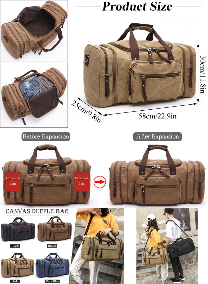 Qiccijoo Qiccijoo Canvas Travel Duffle Bag for Women Men 50L Expandable Gym Bag Flight Approved Carry On Bag Large Business School Weekend Overnight Tote Bags Crossbody Bag Luggage Bag（khaki） - Image 2