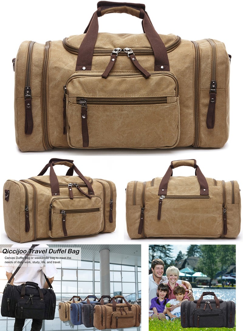 Qiccijoo Qiccijoo Canvas Travel Duffle Bag for Women Men 50L Expandable Gym Bag Flight Approved Carry On Bag Large Business School Weekend Overnight Tote Bags Crossbody Bag Luggage Bag（khaki） - Image 3