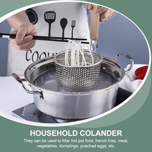DAYANIDHI Stainless Steel Pasta and Noodles Strainer Basket | Micro-Perforated Mesh Colander with Wooden Handle | Quick Drying Anti-Corrosion Spider | Kitchen Sieve for Draining Spaghetti - Image 3