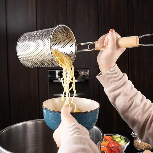 DAYANIDHI Stainless Steel Pasta and Noodles Strainer Basket | Micro-Perforated Mesh Colander with Wooden Handle | Quick Drying Anti-Corrosion Spider | Kitchen Sieve for Draining Spaghetti - Image 2