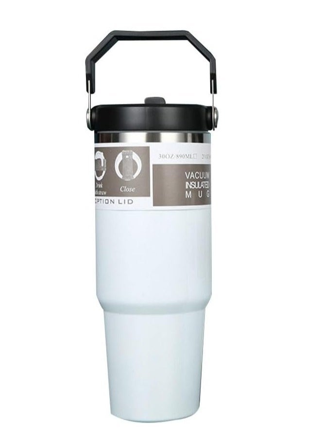 JAJEEK كوب ستانلس ستيل مع مقبض وغطاء قشة - زجاجة ماء معزولة بالفراغ، غطاء قابل للانقلاب مقاوم للتسرب، قابلة لإعادة الاستخدام في المنزل، المكتب، السيارة - Image 1