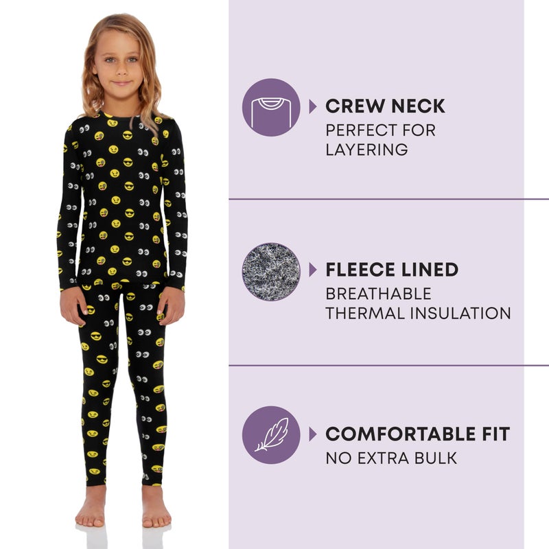 Rocky Thermal Underwear Kids Girls Thermal Underwear Set Long Johns kid Thermals Kid Base Layer kids thermals top bottom set, Black Emoji Design, Medium, Standard-185 GSM, THERMALS SET - Image 2