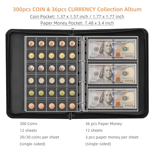 JUNDUN Fireproof Coin Collection Album for Collectors, 300 Pockets Coins Collecting Album & 36 Sleeves Money Storage Case for Coin Currency Collection Supplies, Bill, Pennies, Quarters, Stamp,F65C001B - Image 3