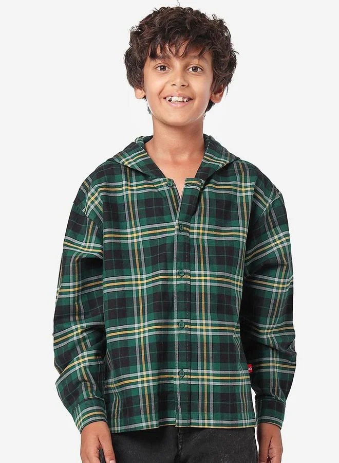 بونكيدز Regular Long Sleeve Printed Green Cotton Shirt For Boys 100 % Cotton