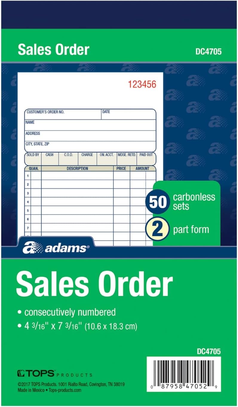Adams Sales Order Book, 2-Part, Carbonless, White/Canary, 4-3/16 x 7-3/16 Inches, 50 Sets per Book - Image 1