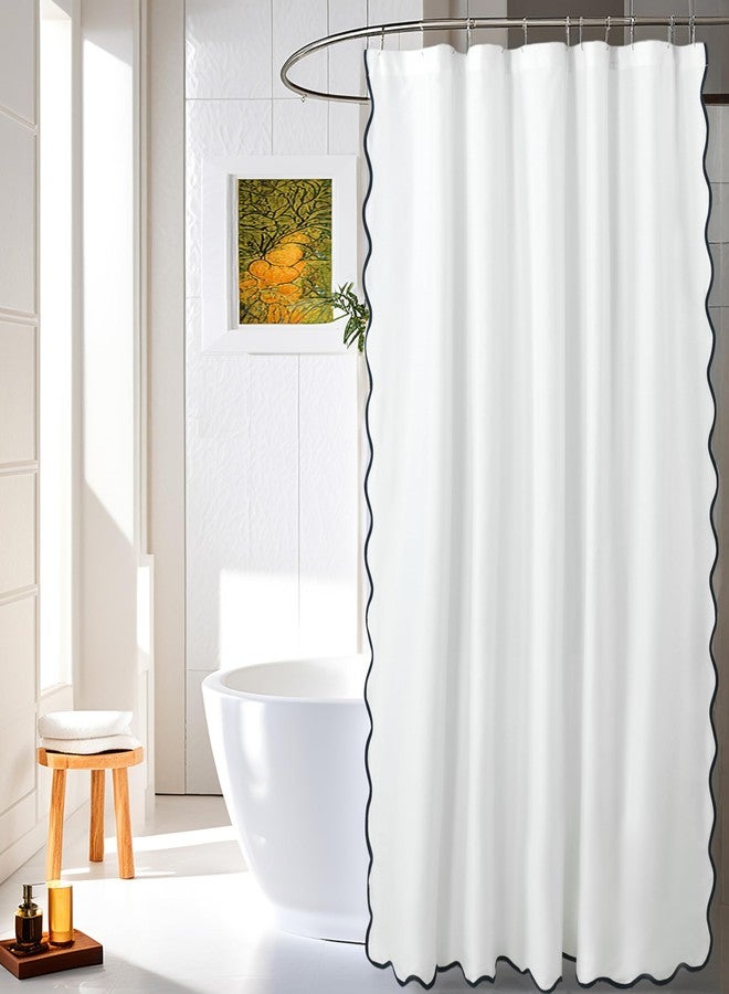 Hi -G HIG Chic Scallop Edge Shower Curtain - Modern Decorative Coastal Bathroom Curtain for Home Decor, White and Navy Elegant Minimalist Textured Cloth Bath Curtain, 72x72 Inch - Image 1