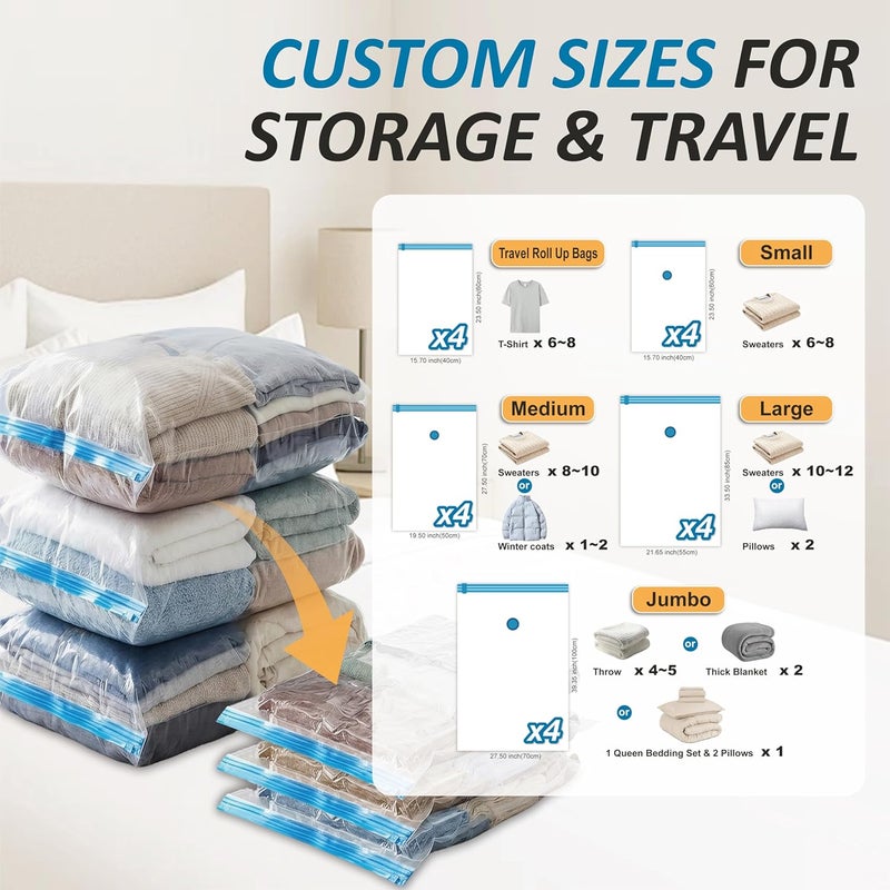 Cozy Essential 20 Pack Vacuum Storage Bags, Space Saver Bags (4 Jumbo/4 Large/4 Medium/4 Small/4 Roll) Vacuum Storage Bags for Comforters and Blankets, Vacuum Sealer Bags for Clothes Storage, Hand Pump Included - Image 3