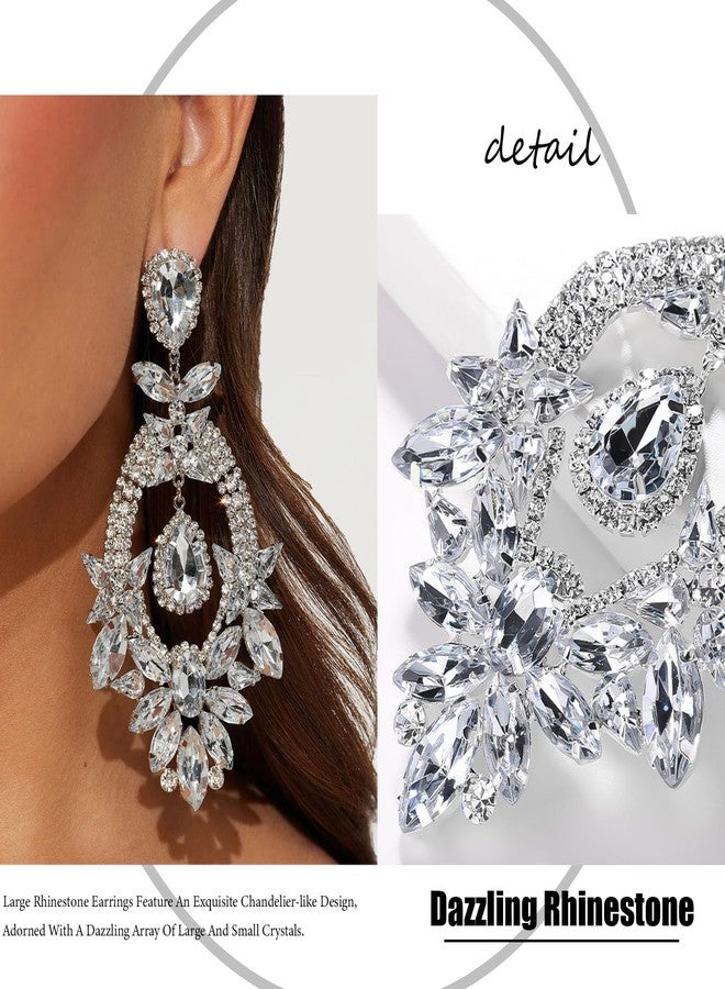 XSBODY Costume Silver Large Rhinestone Earrings Dangling Trendy Bling Oversized Statement Earrings For Women Formal (Silver-01) - Image 4