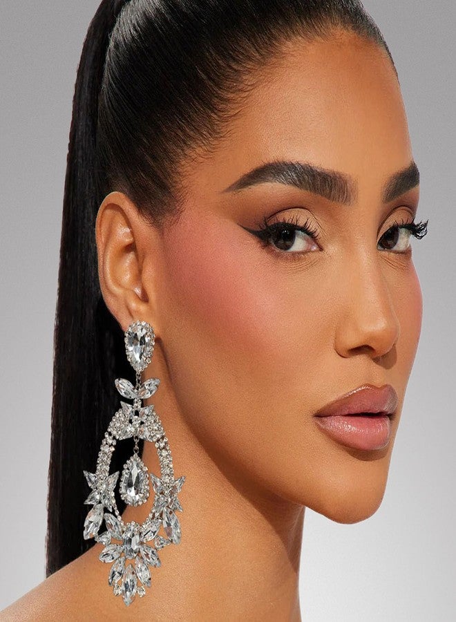 XSBODY Costume Silver Large Rhinestone Earrings Dangling Trendy Bling Oversized Statement Earrings For Women Formal (Silver-01) - Image 5