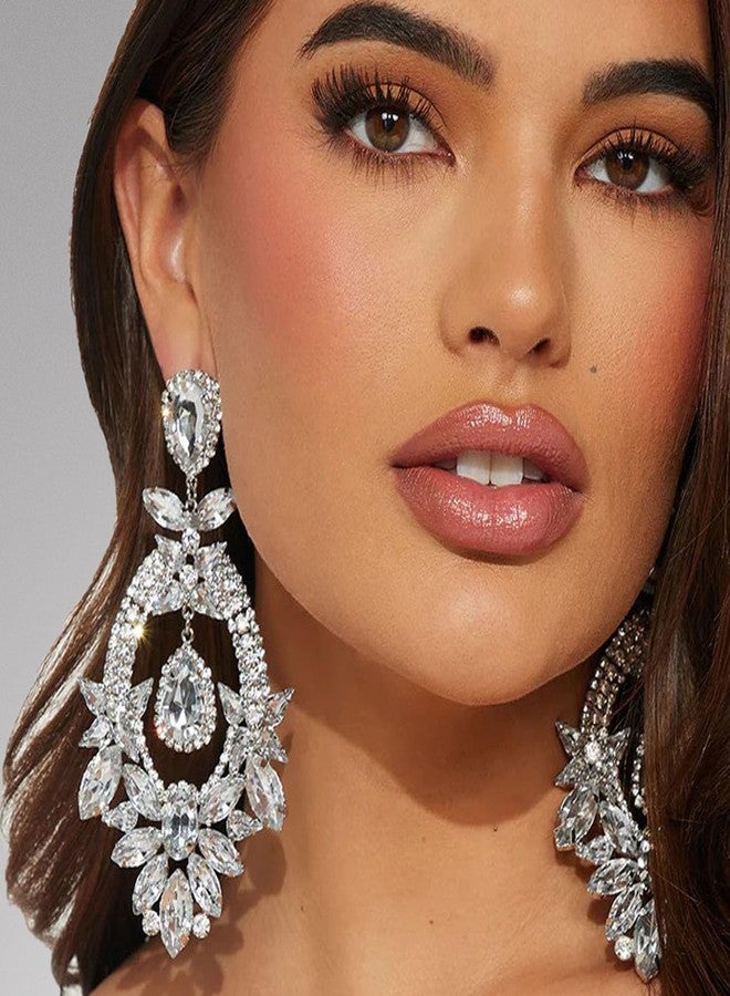 XSBODY Costume Silver Large Rhinestone Earrings Dangling Trendy Bling Oversized Statement Earrings For Women Formal (Silver-01) - Image 2