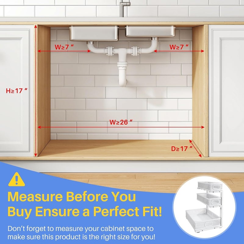 CENXI منظم تحت الحوض، عبوة من قطعتين، 3 طبقات، قابل لتعديل الارتفاع، رف خزانة سحب معدني سميك، رف تخزين منزلق للحمام والمطبخ والمخزن والمنزل والغسيل (أبيض) - Image 2
