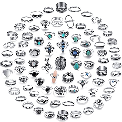 17mile 17 MILE 82 Pcs Vintage Silver Knuckle Rings Set for Women, Bohemian Stackable Joint Finger Rings, Retro Stone Crystal Stacking Midi Rings Pack (Silver) - Image 1