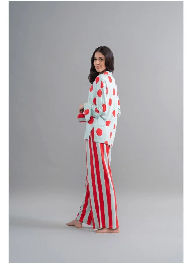 نسيسيرا Stripes & Dot Aqua Red Pajama Set