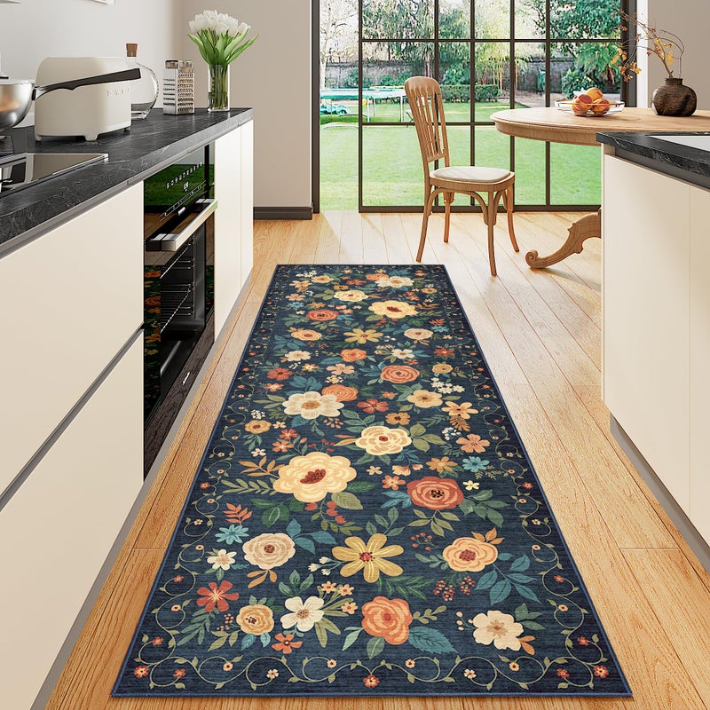DUKINO 2x6 Runner Rug for Hallway, Washable Kitchen Runner Rug with Non Slip Backing, Low Pile Soft Boho Floral Runner for Kitchen, Hallway, Entryway, Laundry, Bedroom, Dark Blue - Image 1