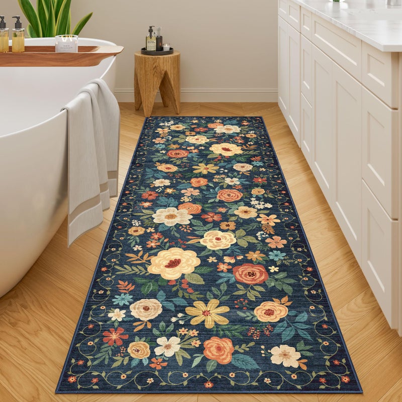 DUKINO 2x6 Runner Rug for Hallway, Washable Kitchen Runner Rug with Non Slip Backing, Low Pile Soft Boho Floral Runner for Kitchen, Hallway, Entryway, Laundry, Bedroom, Dark Blue - Image 3