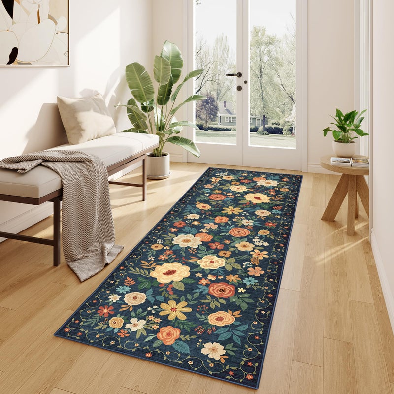 DUKINO 2x6 Runner Rug for Hallway, Washable Kitchen Runner Rug with Non Slip Backing, Low Pile Soft Boho Floral Runner for Kitchen, Hallway, Entryway, Laundry, Bedroom, Dark Blue - Image 2