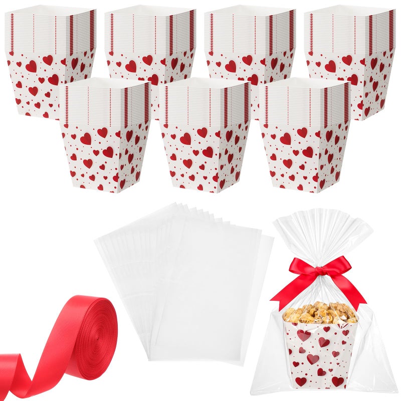 Pajean 24 Sets Valentine's Day Popcorn Boxes with Cellophane Bags and Ribbon 4.72' 'x 4.72' 'x 3.54'' Heart Cardboard Paper Snack Treat Goodie Gift Candy Boxes for Holiday Birthday Party Favors - Image 1