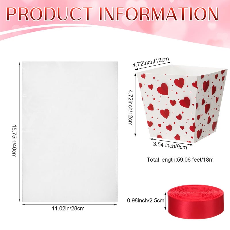 Pajean 24 Sets Valentine's Day Popcorn Boxes with Cellophane Bags and Ribbon 4.72' 'x 4.72' 'x 3.54'' Heart Cardboard Paper Snack Treat Goodie Gift Candy Boxes for Holiday Birthday Party Favors - Image 2