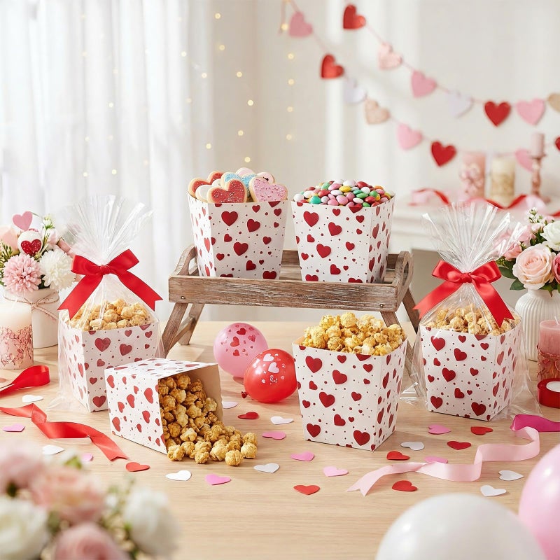Pajean 24 Sets Valentine's Day Popcorn Boxes with Cellophane Bags and Ribbon 4.72' 'x 4.72' 'x 3.54'' Heart Cardboard Paper Snack Treat Goodie Gift Candy Boxes for Holiday Birthday Party Favors - Image 4