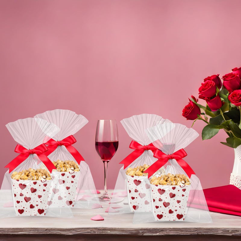 Pajean 24 Sets Valentine's Day Popcorn Boxes with Cellophane Bags and Ribbon 4.72' 'x 4.72' 'x 3.54'' Heart Cardboard Paper Snack Treat Goodie Gift Candy Boxes for Holiday Birthday Party Favors - Image 5