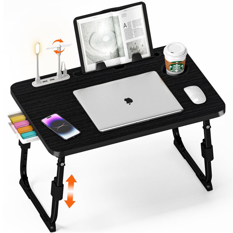 DECOSIS Laptop Desk for Bed Height Adjustable, Lap Bed Table with USB/Storage Drawer/Cup Holder/Tablet Stand/Book Shelf, Foldable Breakfast Tray Portable for Reading Writing, Sofa & Floor, Black - Image 1