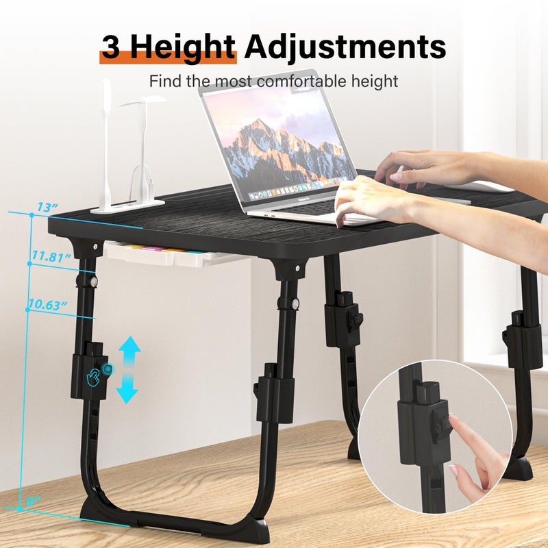 DECOSIS Laptop Desk for Bed Height Adjustable, Lap Bed Table with USB/Storage Drawer/Cup Holder/Tablet Stand/Book Shelf, Foldable Breakfast Tray Portable for Reading Writing, Sofa & Floor, Black - Image 2