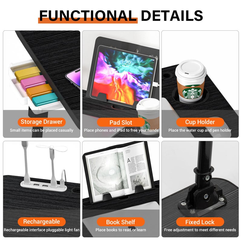 DECOSIS Laptop Desk for Bed Height Adjustable, Lap Bed Table with USB/Storage Drawer/Cup Holder/Tablet Stand/Book Shelf, Foldable Breakfast Tray Portable for Reading Writing, Sofa & Floor, Black - Image 5