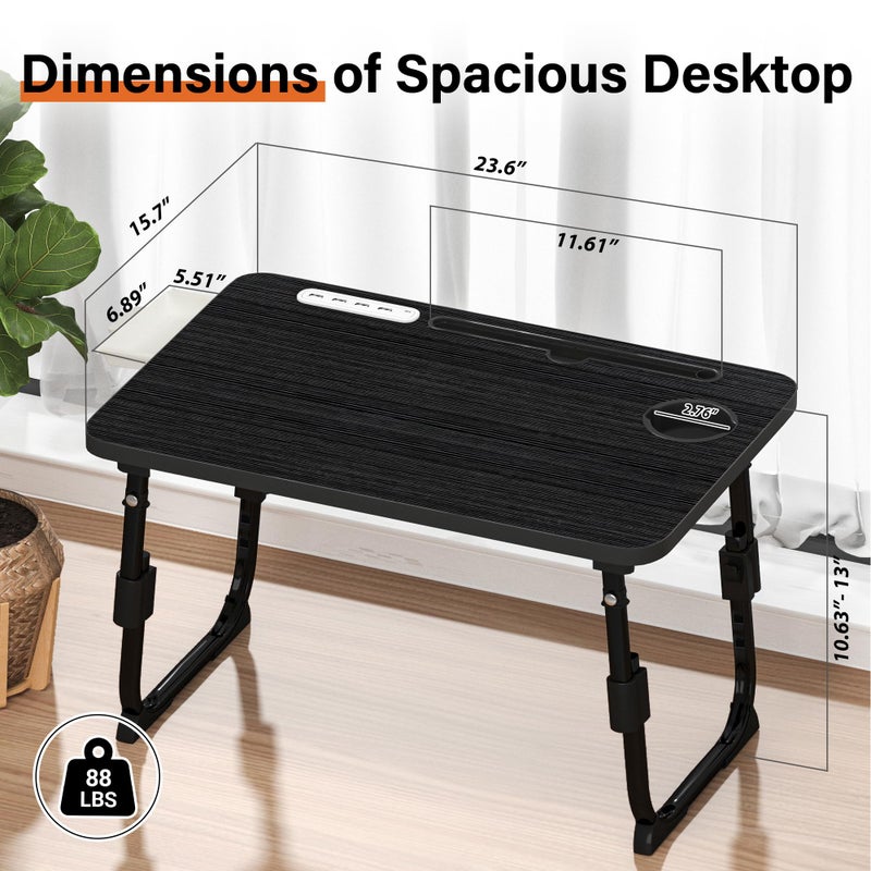 DECOSIS Laptop Desk for Bed Height Adjustable, Lap Bed Table with USB/Storage Drawer/Cup Holder/Tablet Stand/Book Shelf, Foldable Breakfast Tray Portable for Reading Writing, Sofa & Floor, Black - Image 4