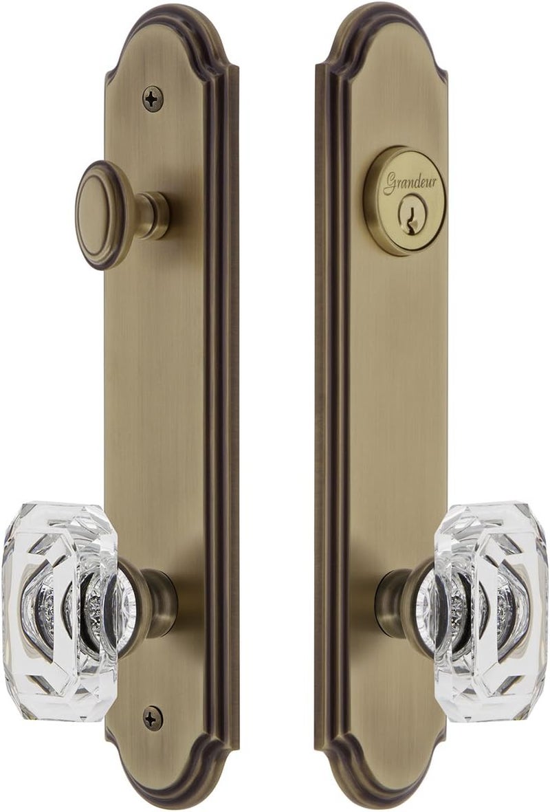 GRANDEUR Grandeur Hardware 839337 Arc Tall Plate Complete Entry Set with Baguette Clear Crystal Knob Backset Size  2375 Vintage Brass 