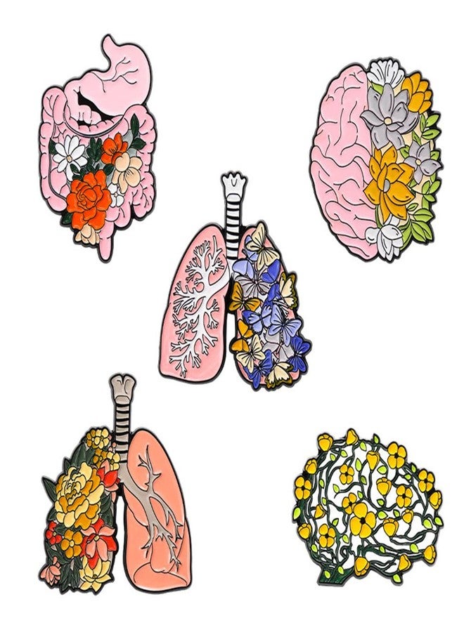 ulricar 5pcs Floral Organ Enamel Pins Pink Brain Lung Intestines Stomach Human Organs Flowers Anti-light Brooches Lapel Badges Cartoon Plant Metal Badge Enamel Pin Jewelry Gift for Kids Friends - Image 1