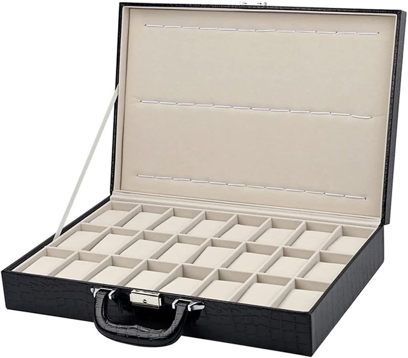 Kriva PU Leather 36 Slots Watch Organizer Box | Suitcase Watch Storage Box with 24 Removable Pillow & 12 Band Strap Slots | Large Capacity Lockable Watch Storage Case for Men/Women (Black) - Image 1