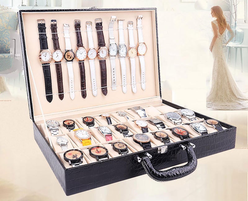 Kriva PU Leather 36 Slots Watch Organizer Box | Suitcase Watch Storage Box with 24 Removable Pillow & 12 Band Strap Slots | Large Capacity Lockable Watch Storage Case for Men/Women (Black) - Image 3