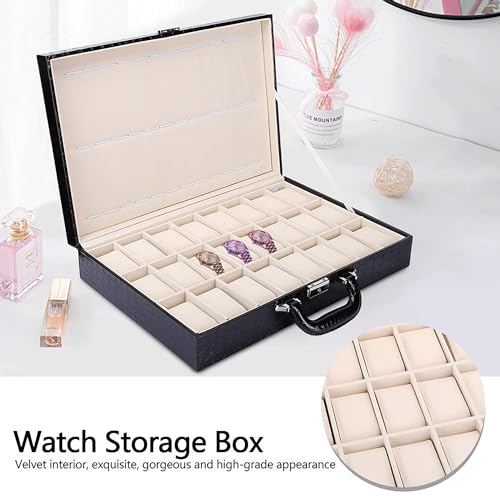 Kriva PU Leather 36 Slots Watch Organizer Box | Suitcase Watch Storage Box with 24 Removable Pillow & 12 Band Strap Slots | Large Capacity Lockable Watch Storage Case for Men/Women (Black) - Image 4