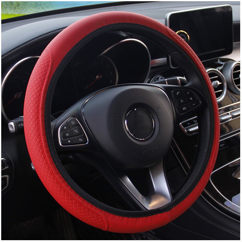 Elastic Fiber Leather Steering Wheel Cover Embossed Red - Image 1