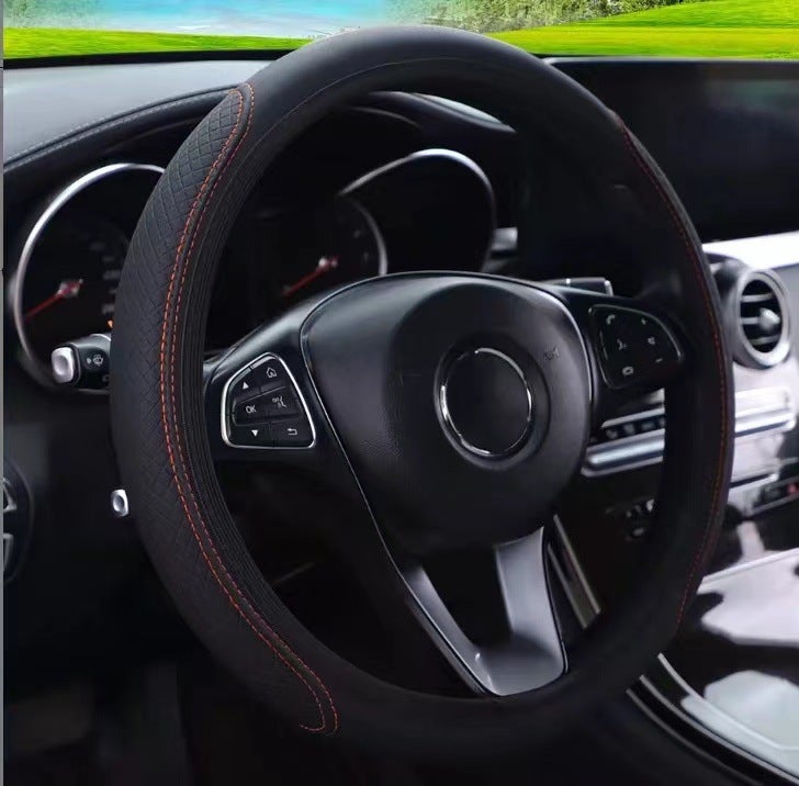 Elastic Fiber Leather Steering Wheel Cover Embossed Red - Image 5