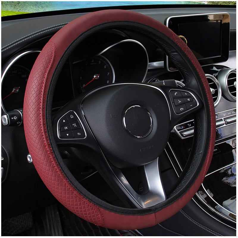 Elastic Fiber Leather Steering Wheel Cover Embossed Red - Image 2