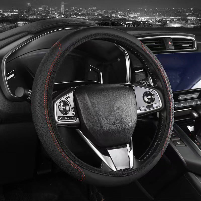 Elastic Fiber Leather Steering Wheel Cover Embossed Red - Image 4