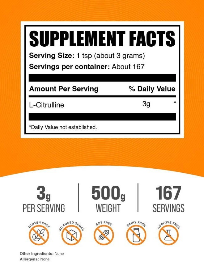 BULKSUPPLEMENTS.COM .com L-Citrulline Powder - Citrulline Supplement, Nitric Oxide Supplement - Unflavored & Gluten Free - 3g per Servings, 500g (1.1 lbs) (Pack of 1) - Image 2