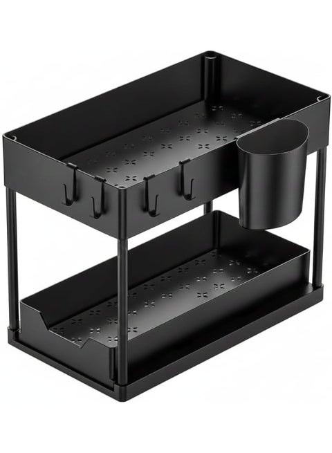 Two-tier mobile kitchen and bathroom organizer - sturdy metal wheeled storage trolley with hanging hooks and organizer cup for detergents, soap bottles and tissues (l)