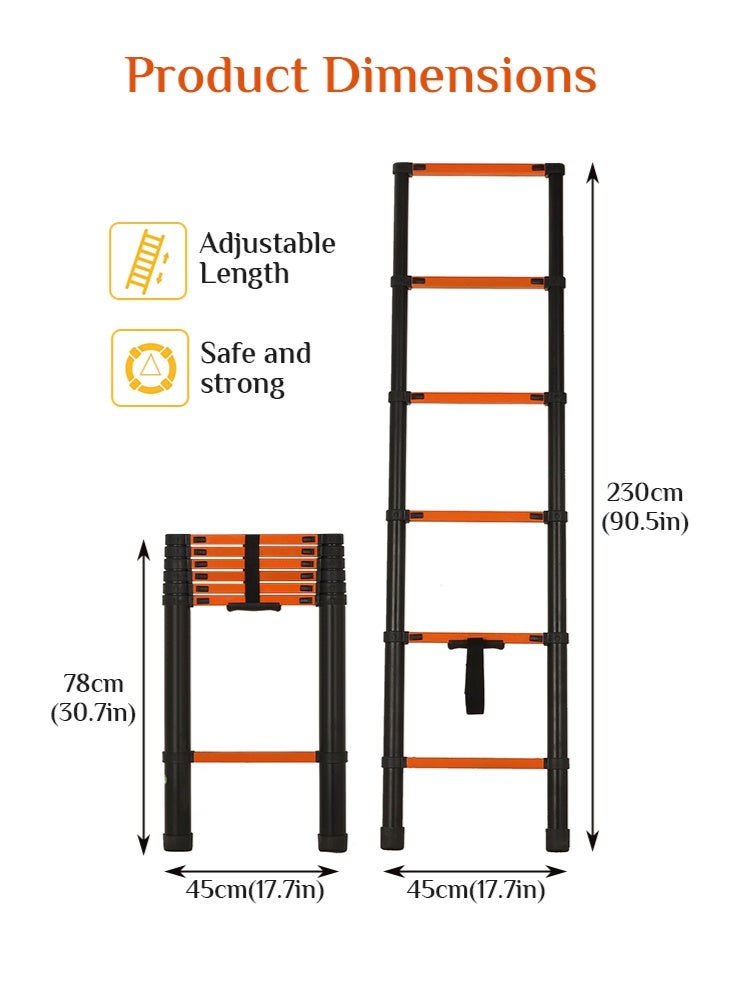 Uptyia 2.3M Telescoping Ladder, Aluminum Extension Ladder,  Heavy-Duty Steel Extension Ladder Folding Portable for Home Roof Attic Non Slip Step Ladders with One Button Retraction 330 lbs Load Capacity , Multi-Purpose Collapsible Ladder for Home and Work - Image 3
