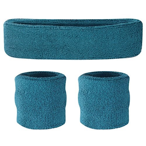 Suddora Sweatbands Set, Moisture Wicking 2 Wristbands and 1 Headband, Breathable Terry Cloth Athletic Bands for Basketball, Tennis, Yoga, Gym, Sweat Bands for Costumes and Cosplay, Teal - Image 1