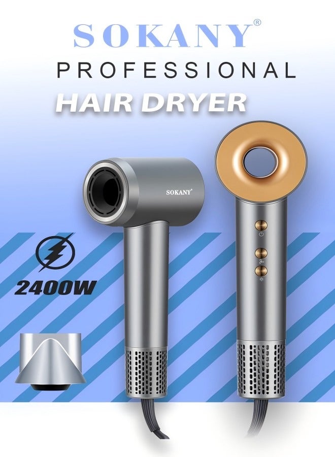 sokany Negative Ion Hair Dryer, Household Multifunctional Quick Drying Hair Dryer, 2400 Watts, Temperature And Speed Adjustable In Multiple Levels, Silver Theme+Gold Button (Model: SK-14020） - Plug: European Standard - Image 1