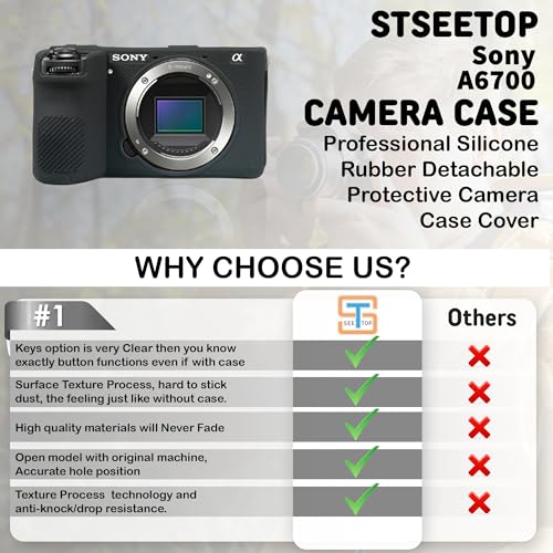STSEETOP Camera Case for Sony A6700 - Protective Silicone DSLR Skin Cover, Detachable Cage, Shockproof, Dustproof (Black) - Image 4