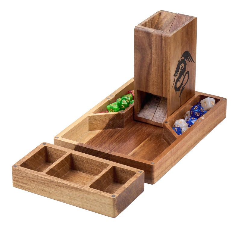 Tapeera Wooden Magnetic Dice Tower with Tray Dungeons and Dragons Accessory Portable Dice Roller for Tabletop RPG DND Gifts - Image 3