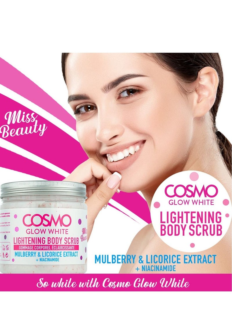 COSMO - مقشر تفتيح الجسم كوزمو جلو وايت، 475 مل، بخلاصة التوت وعرق السوس، يساعد على تقليل البقع الداكنة، وتنعيم البشرة، للجنسين - Image 1