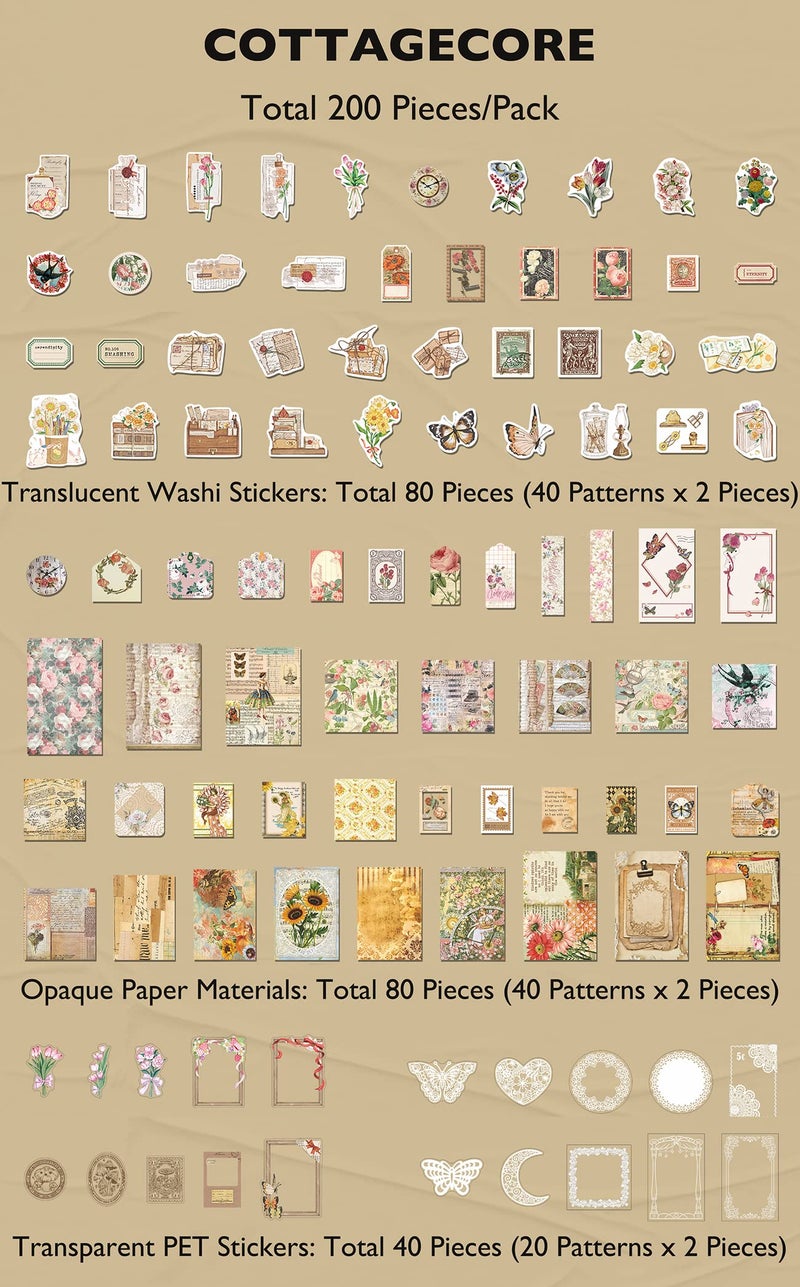 Knaid 200 Piece Vintage Ephemera Bundle - Paper & Sticker Kit for Junk Journaling, Scrapbooking, Planners, Bullet Journals, Collage, Decoupage - Cottagecore Themed - Pastel/Earthy Tones - Image 2