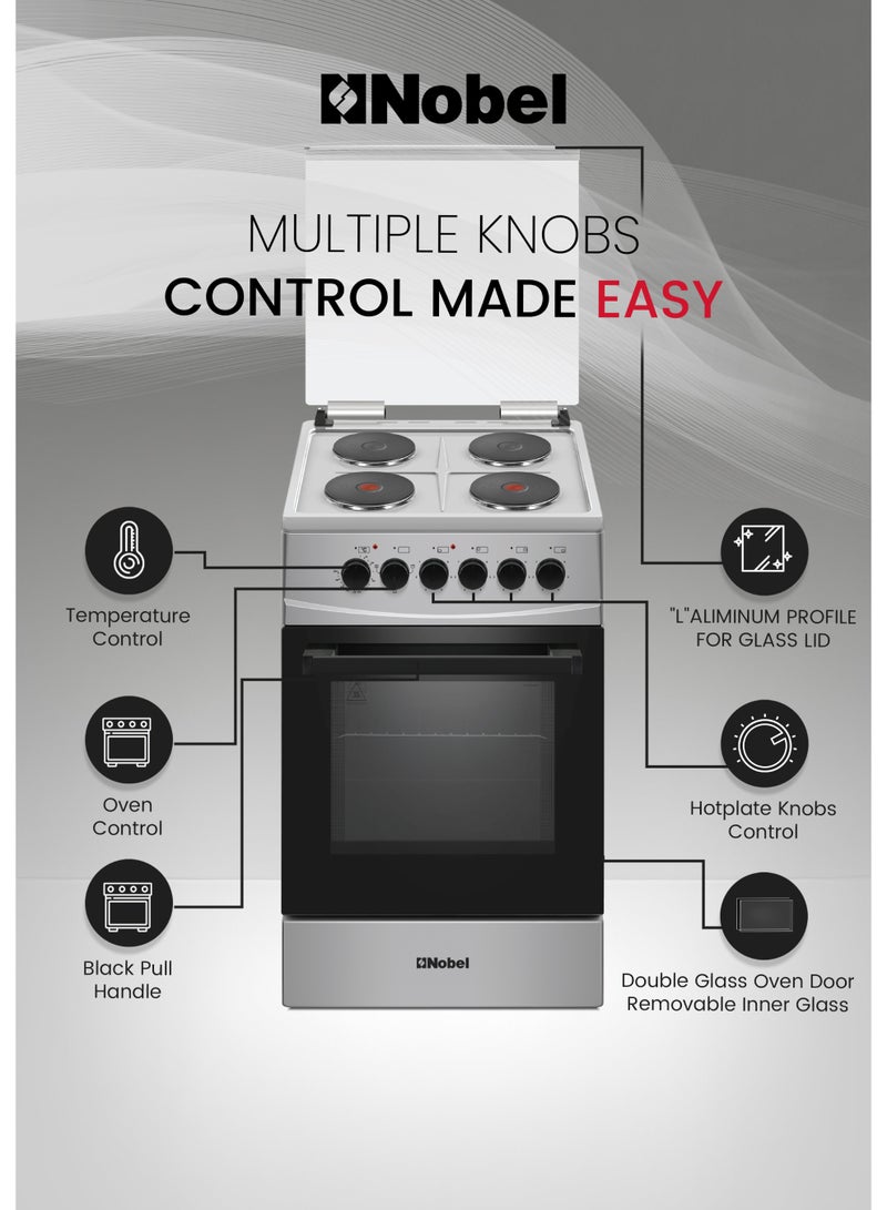 نوبل 60cm Electric Cooking Range with 4 Hotplates & Oven 58L Capacity, Thermostatic Control, Double Glass Door, Inox Finish (Made in Turkey) – (1 Year Warranty) 4 NGC5400SI Silver - Image 5