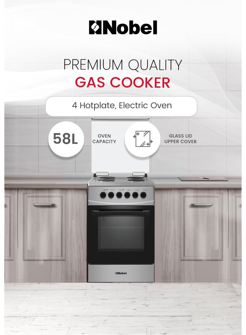 نوبل 60cm Electric Cooking Range with 4 Hotplates & Oven 58L Capacity, Thermostatic Control, Double Glass Door, Inox Finish (Made in Turkey) – (1 Year Warranty) 4 NGC5400SI Silver - Image 2