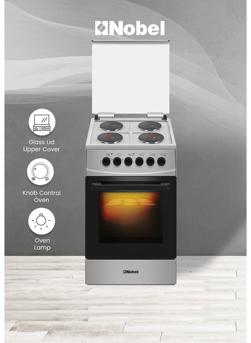 نوبل 60cm Electric Cooking Range with 4 Hotplates & Oven 58L Capacity, Thermostatic Control, Double Glass Door, Inox Finish (Made in Turkey) – (1 Year Warranty) 4 NGC5400SI Silver - Image 3