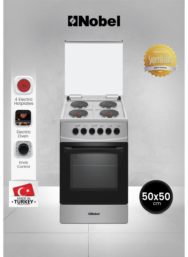 نوبل 60cm Electric Cooking Range with 4 Hotplates & Oven 58L Capacity, Thermostatic Control, Double Glass Door, Inox Finish (Made in Turkey) – (1 Year Warranty) 4 NGC5400SI Silver - Image 1